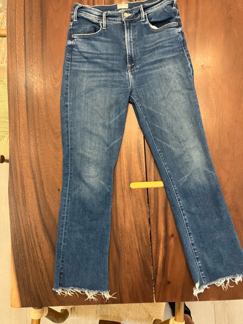 MOTHER Blue High-Rise Cropped Jeans with Frayed Hem